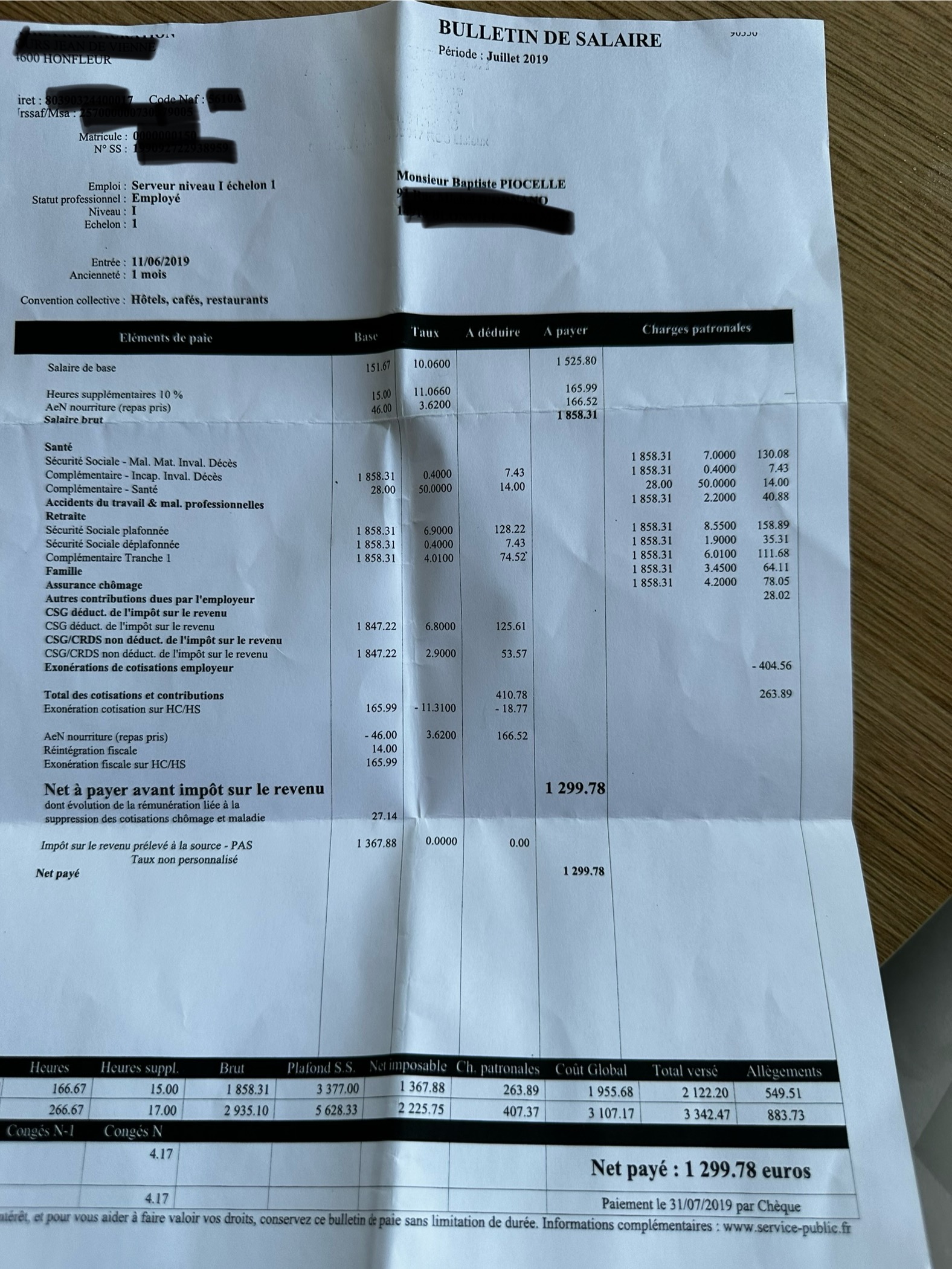 mon bulletin de salaire à l'époque